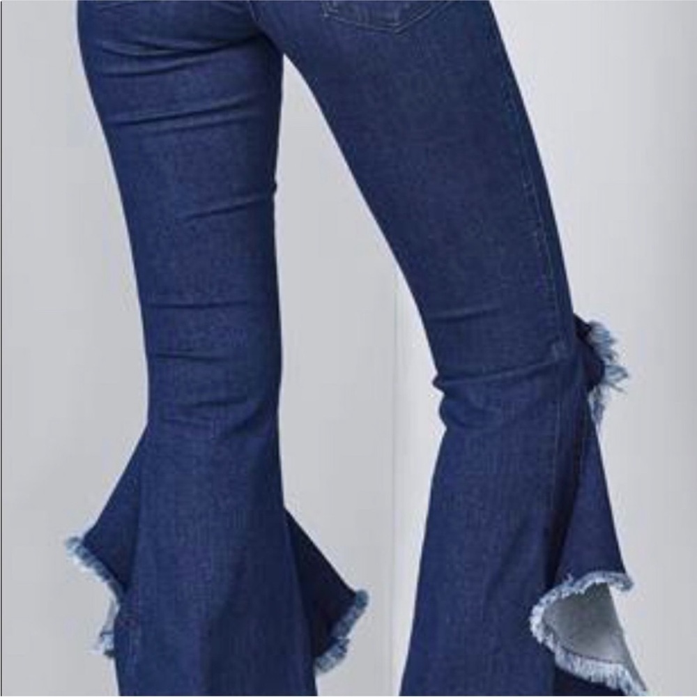 VENUS stretch dark blue high ruffle slit leg 5 pocket flared fitted denim Jeans - Picture 9 of 12